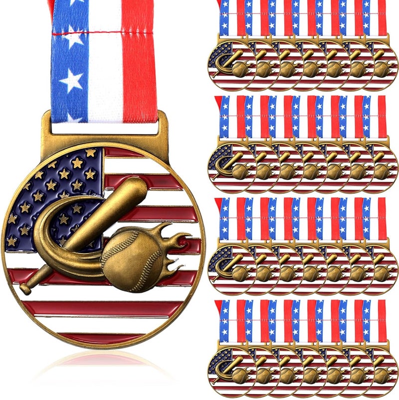 Loetere 30 Pieces Patriotic Medals Gold Medals Bulk Trophy with Neck Ribbons Spirit Medallion with Stars Stripes American Flag for Sports Trophy Participation Winner Gift - Image 1